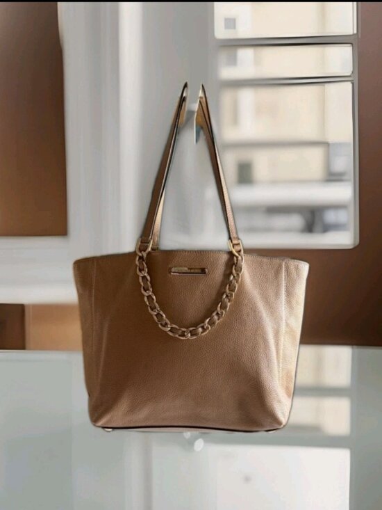 Michael Kors Handbags - MICHAEL KORS Harper East West Tote Bag Pebbled Tan Leather Chain Woven